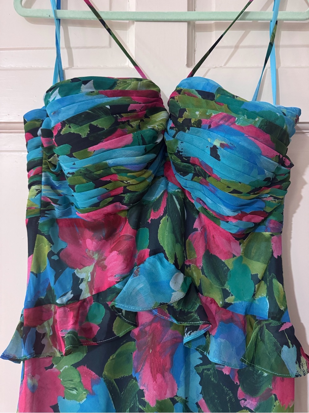 Xscape Teal, Pink & Green Floral Strapless Maxi Dress